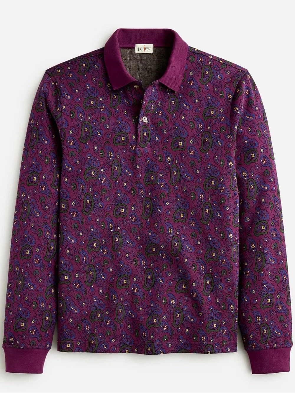 J. Crew Men's Long Sleeve Paisley Polo Shirt Purple Dolce Paisley Double Knit